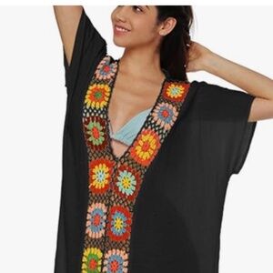 Bsubseach Floral Patchwork Deep V Neck Crochet Cover Up Short Sleeve Dress